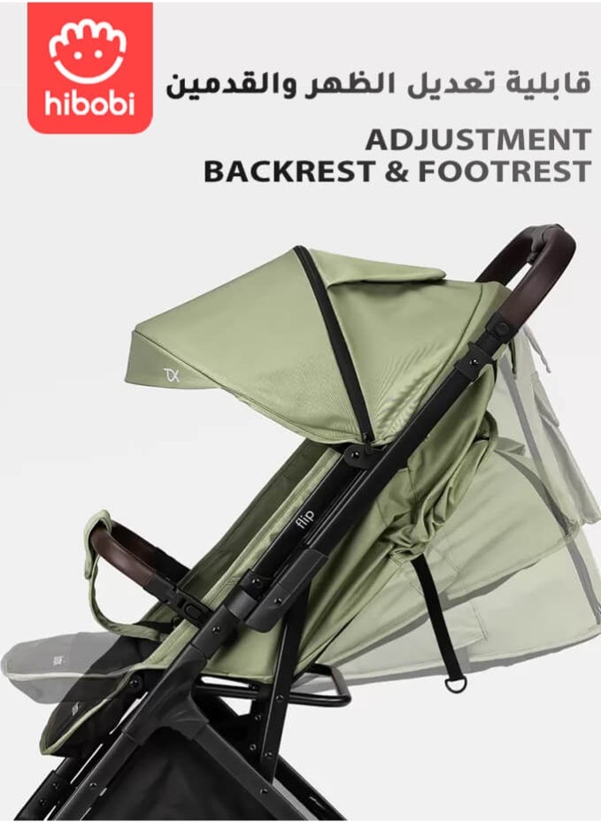 hibobi Baby Stroller, Reversible Handle, Full Recline Seat, 5-Point Harness, Adjustable Footrest & Canopy, Compact Fold Design, Lightweight Stroller for 0-3 Years, Green  - Image 4