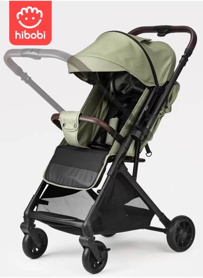 hibobi Baby Stroller, Reversible Handle, Full Recline Seat, 5-Point Harness, Adjustable Footrest & Canopy, Compact Fold Design, Lightweight Stroller for 0-3 Years, Green  - Image 2