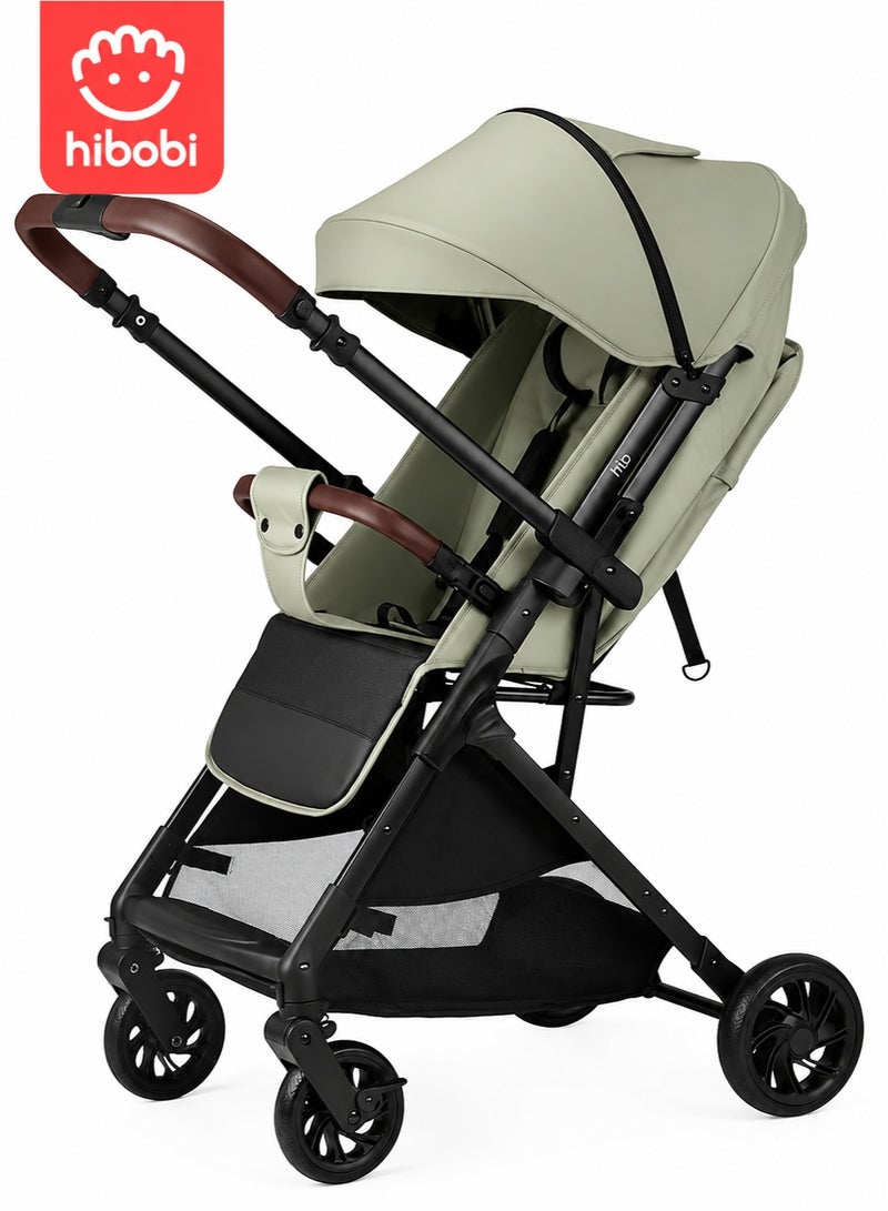 hibobi Baby Stroller, Reversible Handle, Full Recline Seat, 5-Point Harness, Adjustable Footrest & Canopy, Compact Fold Design, Lightweight Stroller for 0-3 Years, Green - Image 1