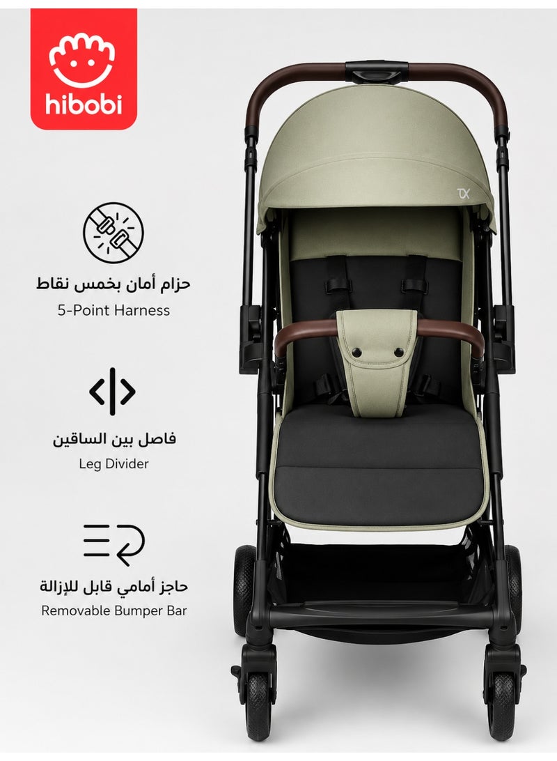 hibobi Baby Stroller, Reversible Handle, Full Recline Seat, 5-Point Harness, Adjustable Footrest & Canopy, Compact Fold Design, Lightweight Stroller for 0-3 Years, Green - Image 4