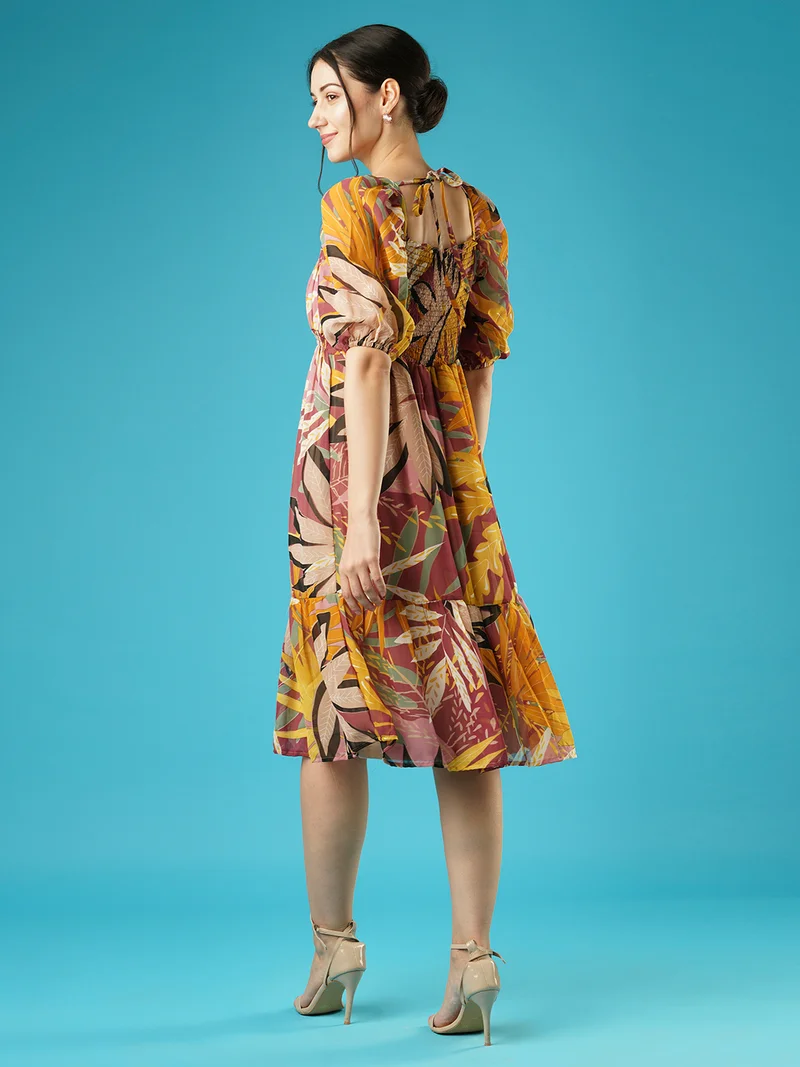 globus Women Puff Sleeves Fit & Flare Dress