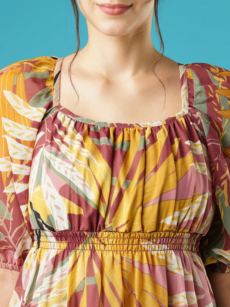 globus Women Puff Sleeves Fit & Flare Dress