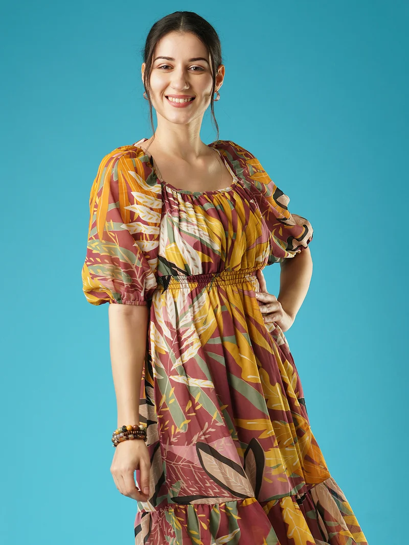 globus Women Puff Sleeves Fit & Flare Dress