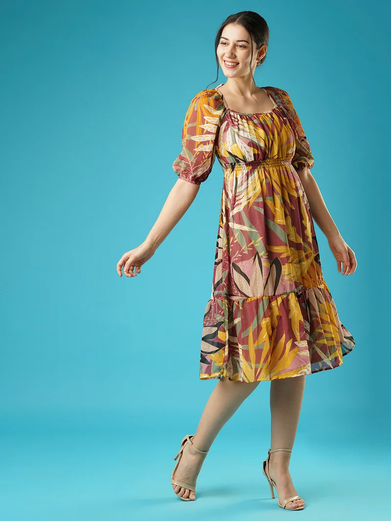 globus Women Puff Sleeves Fit & Flare Dress