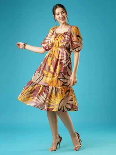 globus Women Puff Sleeves Fit & Flare Dress