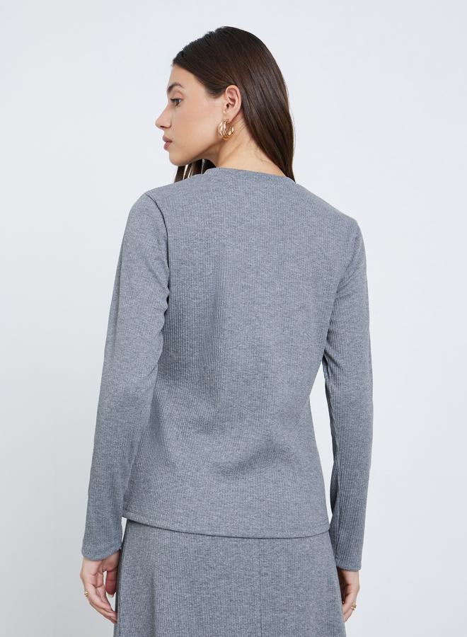 Styli Grey Ribbed Knit Buttoned Top - Image 5
