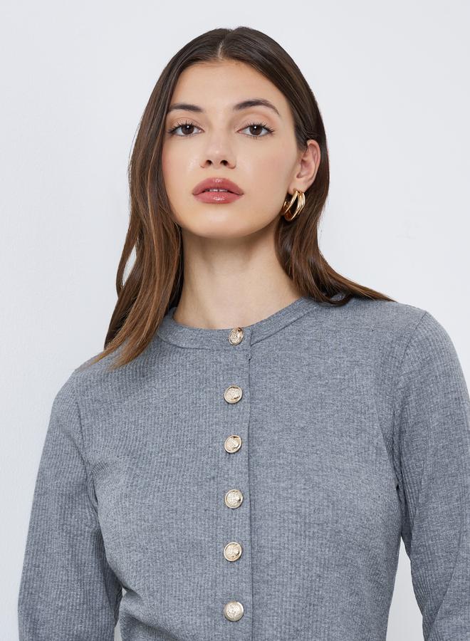 Styli Grey Ribbed Knit Buttoned Top - Image 4