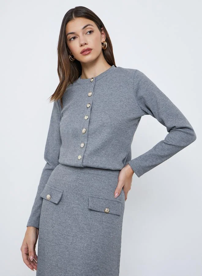 Styli Styli Grey Ribbed Knit Buttoned Top