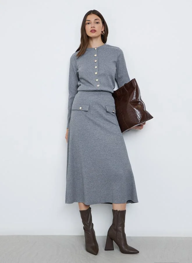 Styli Styli Grey Ribbed Knit Buttoned Top