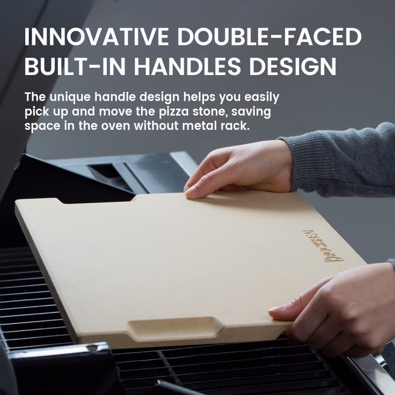 ROCKSHEAT Large Pizza Stone, 16"x14" Rectangular Pizza Stone for Oven Grill BBQ, Baking Stone for Pizza Bread, Unique Built-in 4 Handles Cooking Stone - Image 2