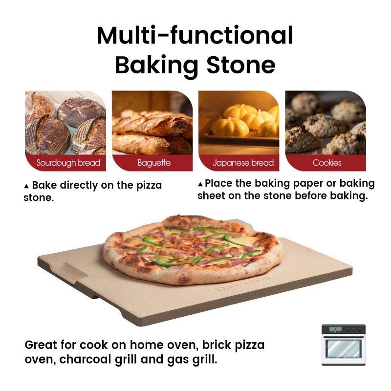 ROCKSHEAT Large Pizza Stone, 16"x14" Rectangular Pizza Stone for Oven Grill BBQ, Baking Stone for Pizza Bread, Unique Built-in 4 Handles Cooking Stone - Image 4