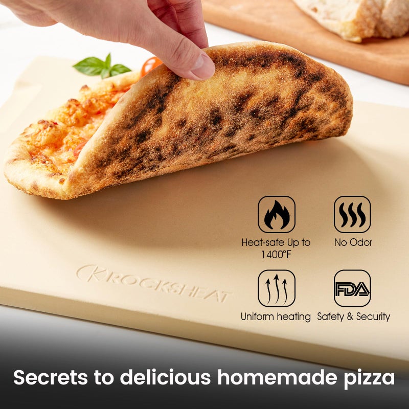 ROCKSHEAT Large Pizza Stone, 16"x14" Rectangular Pizza Stone for Oven Grill BBQ, Baking Stone for Pizza Bread, Unique Built-in 4 Handles Cooking Stone - Image 3