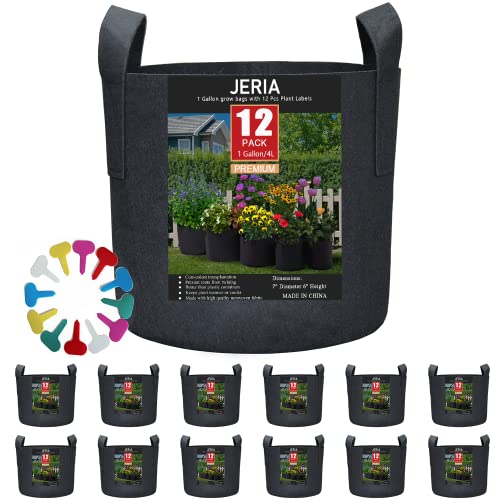 JERIA 12Pack 25 Gallon VegetableFlowerPlant Grow Bags Aeration Fabric Pots with Handles Black Come with 12 Pcs Plant Labels
