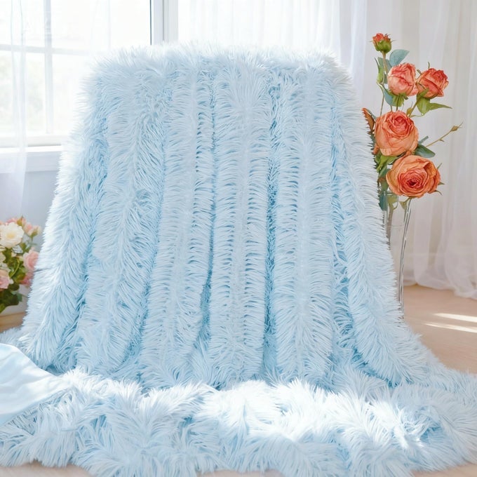 PLUSH SUPER SOFT BLANKET BEDDING SOFA COVER FURRY FUZZY FUR WARM THROW QULIT COZY COUCH BLANKET FOR WINTER 51X63 LIGHT BLUE