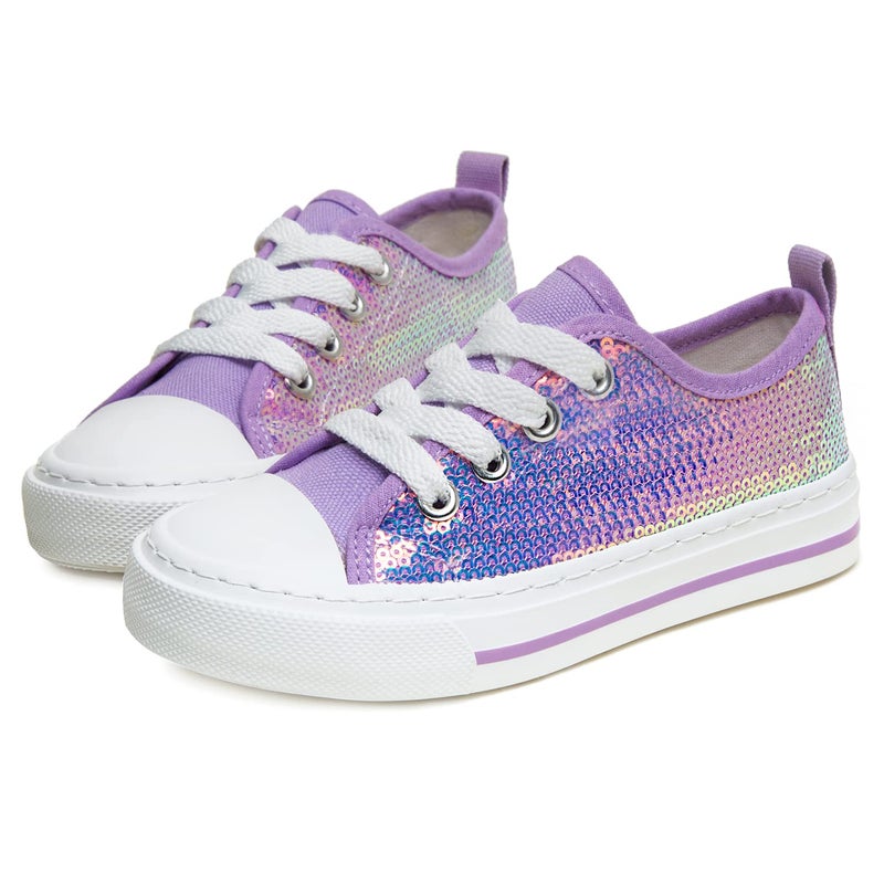 Toandon Girls Kids Sneakers Glitter Sequins Canvas Shoes Toddler Child Glitter Sparkle Low Top Lace Up Non Slip Lightweight Walking Outdoor Purple Size 2 - Image 1