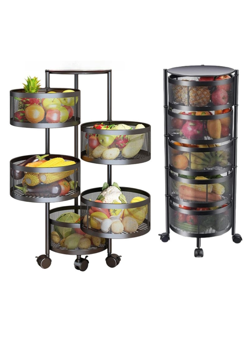 Scrolls Premium Quality Multi-Layer Kitchen Storage Shelf, Rotatable Fruit Vegetable Basket, Circular Rotating Basket Large Storage Rack with 4 Movable Wheels (BLACK, 5 Ply)  - Image 1