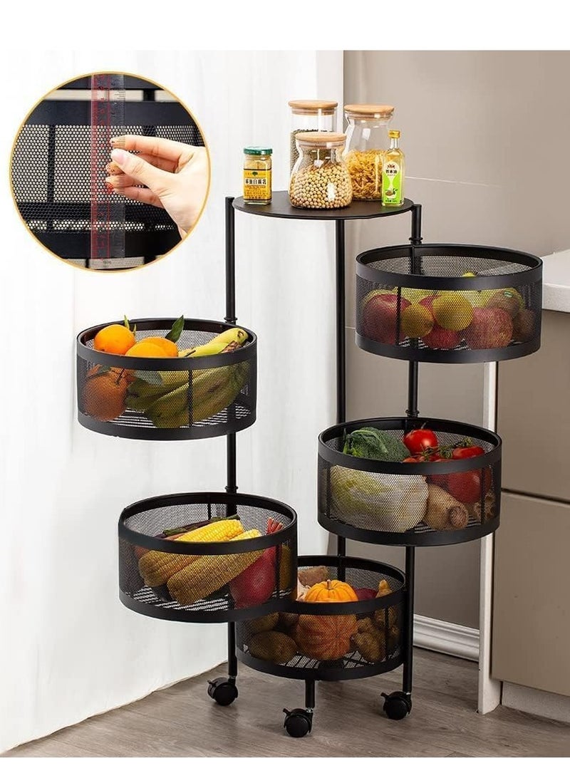 Scrolls Premium Quality Multi-Layer Kitchen Storage Shelf, Rotatable Fruit Vegetable Basket, Circular Rotating Basket Large Storage Rack with 4 Movable Wheels (BLACK, 5 Ply)  - Image 2