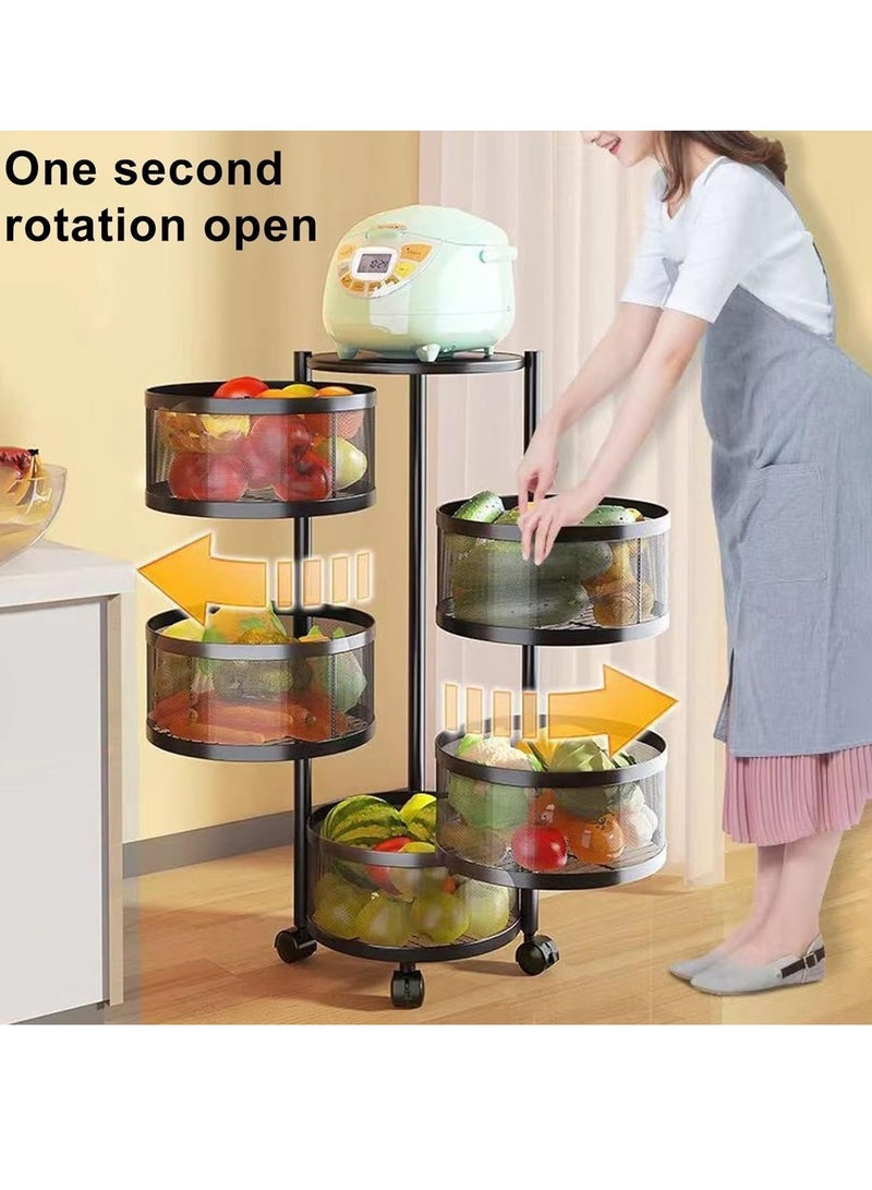 Scrolls Premium Quality Multi-Layer Kitchen Storage Shelf, Rotatable Fruit Vegetable Basket, Circular Rotating Basket Large Storage Rack with 4 Movable Wheels (BLACK, 5 Ply)  - Image 3