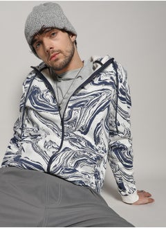 Campus Sutra Men's White & Indigo Blue Contrast Fluid Zip Front Hoodie  - Image 1