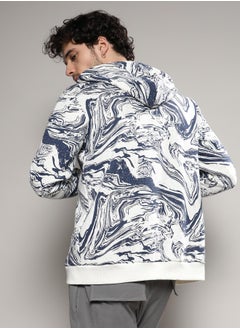 Campus Sutra Men's White & Indigo Blue Contrast Fluid Zip Front Hoodie  - Image 5