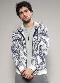 Campus Sutra Men's White & Indigo Blue Contrast Fluid Zip Front Hoodie  - Image 2