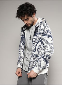 Campus Sutra Men's White & Indigo Blue Contrast Fluid Zip Front Hoodie  - Image 3