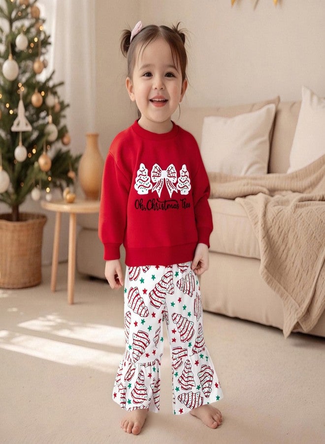 DNOMAID YZARC Toddler Baby Girl Christmas Outfit Christmas Tree Embroidery Sweatshirt Bell Bottom Pants Set 2 Piece Clothes (Red, 2-3T) - Image 2