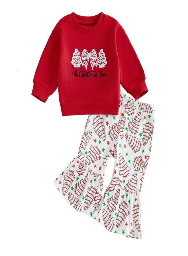 DNOMAID YZARC Toddler Baby Girl Christmas Outfit Christmas Tree Embroidery Sweatshirt Bell Bottom Pants Set 2 Piece Clothes (Red, 2-3T) - Image 1