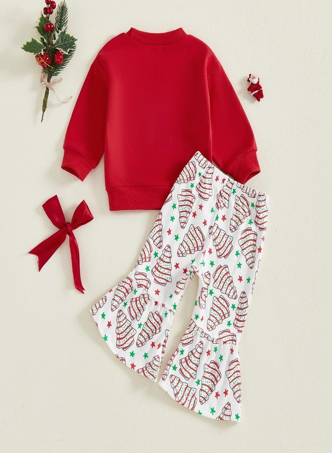DNOMAID YZARC Toddler Baby Girl Christmas Outfit Christmas Tree Embroidery Sweatshirt Bell Bottom Pants Set 2 Piece Clothes (Red, 2-3T) - Image 4