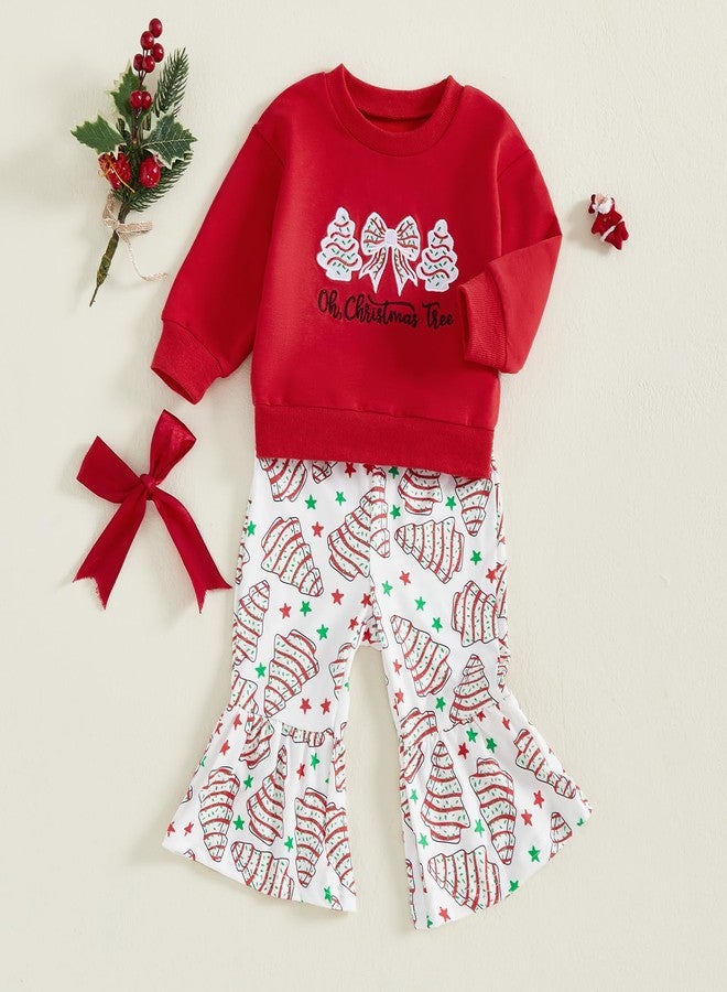 DNOMAID YZARC Toddler Baby Girl Christmas Outfit Christmas Tree Embroidery Sweatshirt Bell Bottom Pants Set 2 Piece Clothes (Red, 2-3T) - Image 3