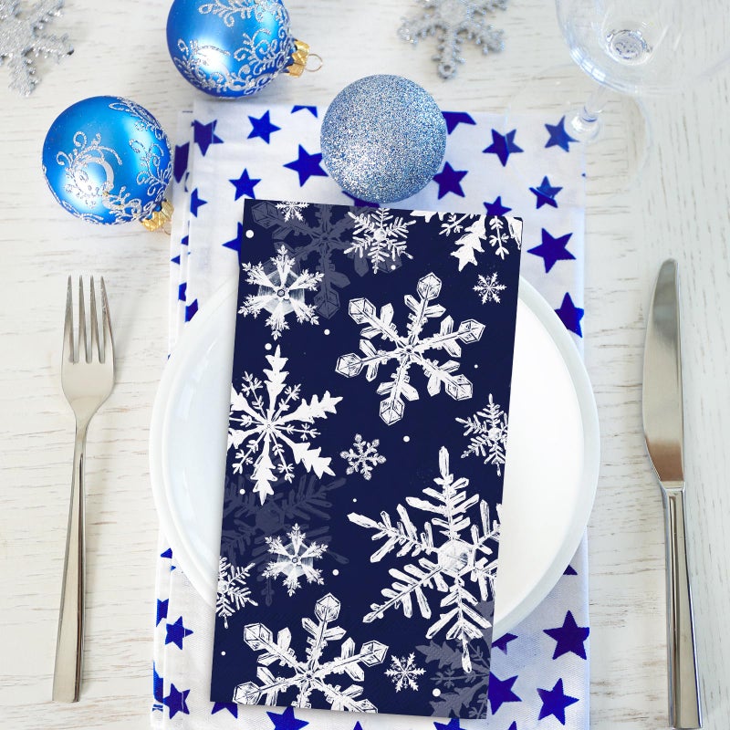 Generic AnyDesign 100Pcs Christmas Guest Napkins Snowflake Dark Blue Disposable Paper Napkins Xmas Winter Guest Dinner Hand Napkin Towel for Party Bathroom Table Decor  4.3x7.8inch(folded) - Image 3