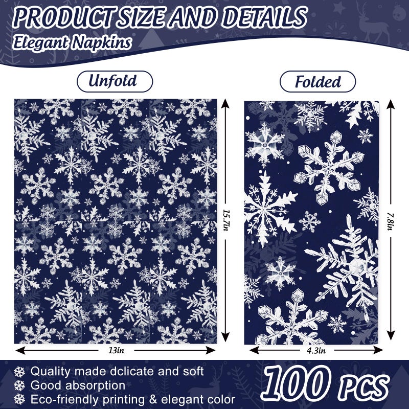 Generic AnyDesign 100Pcs Christmas Guest Napkins Snowflake Dark Blue Disposable Paper Napkins Xmas Winter Guest Dinner Hand Napkin Towel for Party Bathroom Table Decor  4.3x7.8inch(folded) - Image 2
