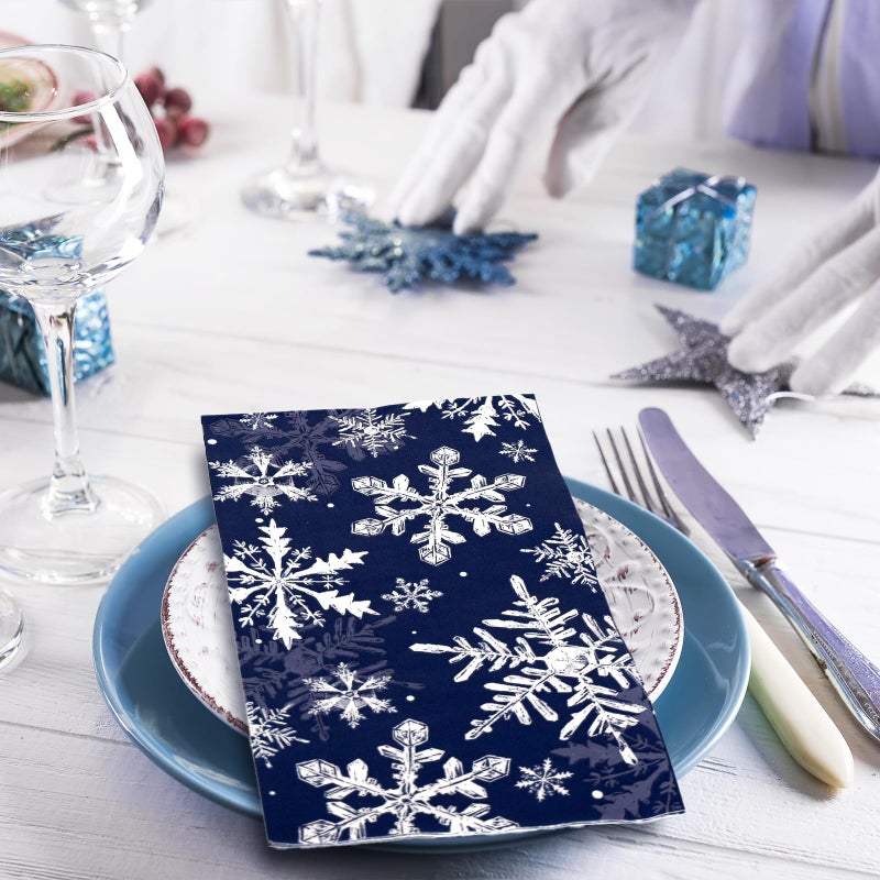 Generic AnyDesign 100Pcs Christmas Guest Napkins Snowflake Dark Blue Disposable Paper Napkins Xmas Winter Guest Dinner Hand Napkin Towel for Party Bathroom Table Decor  4.3x7.8inch(folded) - Image 4
