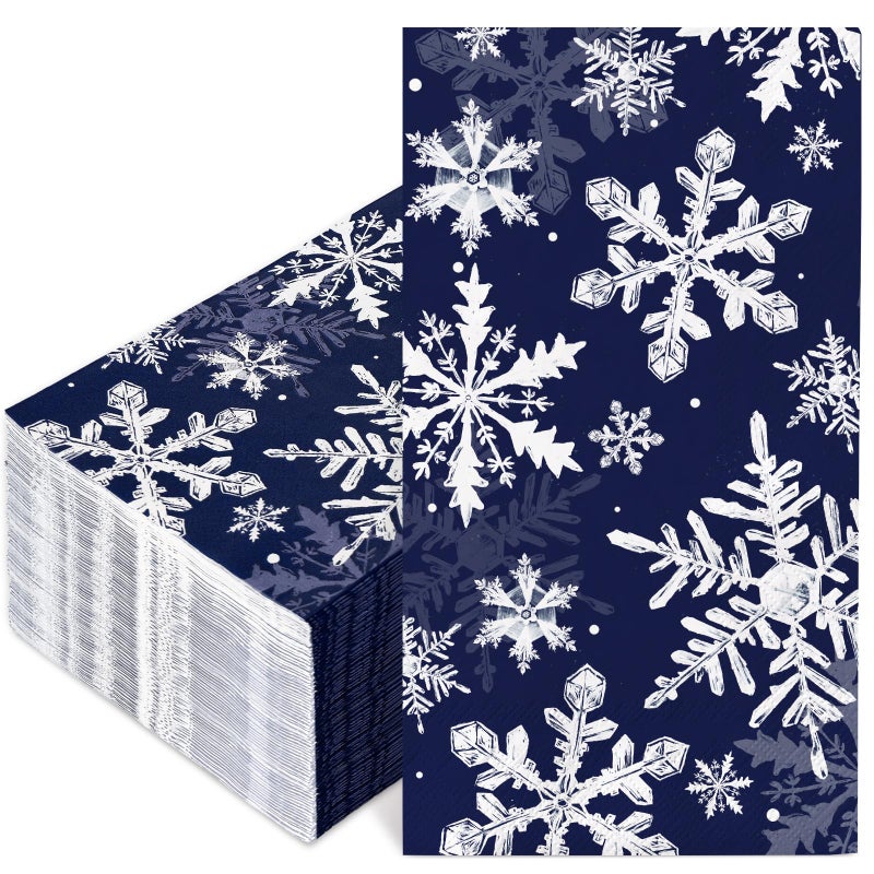 Generic AnyDesign 100Pcs Christmas Guest Napkins Snowflake Dark Blue Disposable Paper Napkins Xmas Winter Guest Dinner Hand Napkin Towel for Party Bathroom Table Decor  4.3x7.8inch(folded) - Image 1