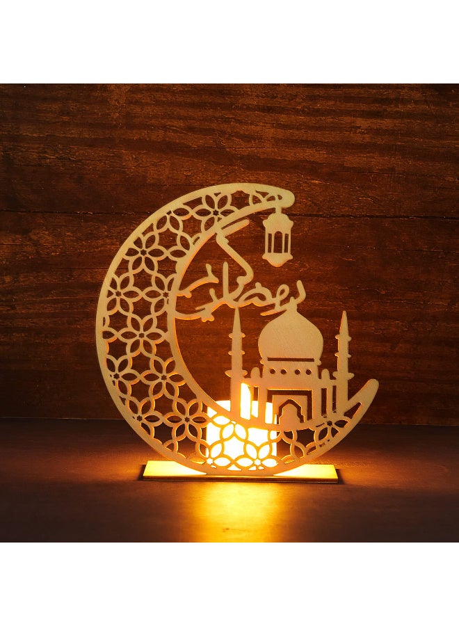 Lyaxm Eid Crafts Night Light,Decorations LED Decorative Light Moon  Table Lamp, Ramadan Mubarak Light 3D Wooden Moon Shape LED Decoration, Ramadan Mubarak Lamp Eid Ornaments for Muslims, Islamic Table Decor,  Light for Bedroom Dining Living Room Party Nursery Office Decor, 5.8 x 5.5 Inch - Image 1