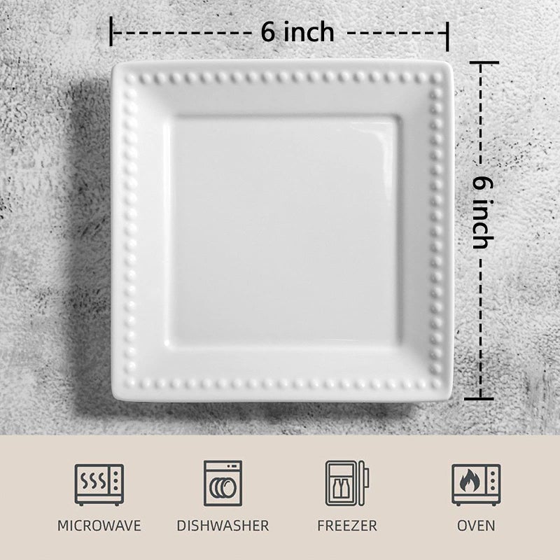 Wareland Appetizer Plates  Embossed Ceramic Dessert Plates  Salad Plates Set of 6  6 inch White Square Dinner Plates for Snack  Small Flat Kitchen Plates for Restaurant  Dishwasher Microwave Oven Safe - Image 2