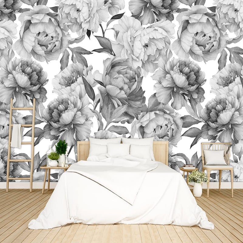 BZHXBZ BZHXBZ  Grey Peony Floral Wallpaper Bedroom Black and White Botanical Flowers Leaf murals Aesthetic Room Decor Living Room tv Background Large Wall Mural  160x108 Not Peel and Stick 