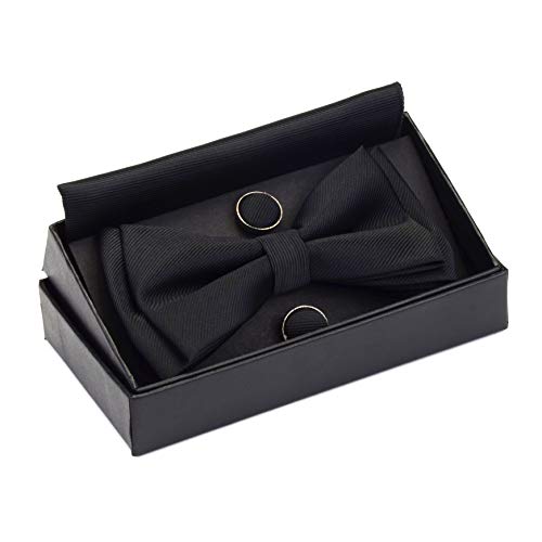 GUSLESON Silk Bow Ties For Men Black Pre-tied Solid Bowtie and Pocket Square Cufflink Sets (0577-12) - Image 2