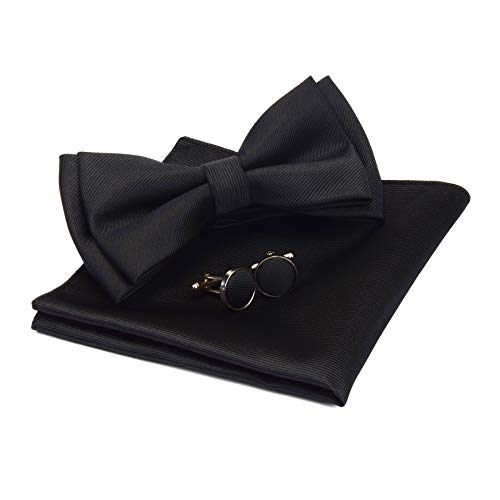 GUSLESON Silk Bow Ties For Men Black Pre-tied Solid Bowtie and Pocket Square Cufflink Sets (0577-12) - Image 1