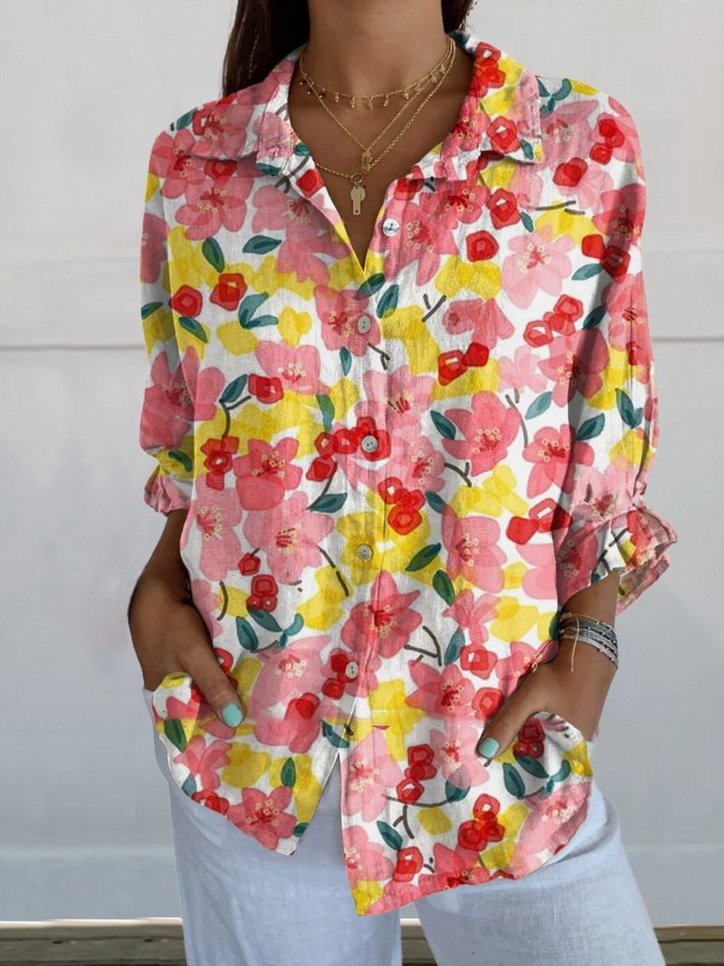 2024 New Womens Long Shirt Summer European and American Trend Half Sleeve Shirt Floral Pattern Printed 3D Shirt JJ3896-MU