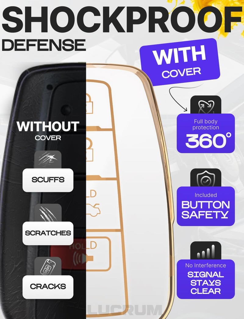 Lucrum Compatible with Toyota Key Fob Cover & Leather Keychain, Keyfob Case for Avalon Camry Corolla Prius RAV4 Highlander C-HR, For 4 Button Remote (2019-2024) - White and Gold - Image 4
