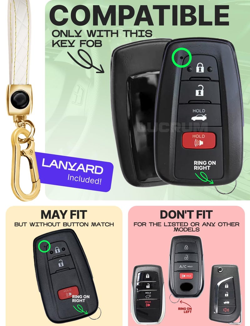 Lucrum Compatible with Toyota Key Fob Cover & Leather Keychain, Keyfob Case for Avalon Camry Corolla Prius RAV4 Highlander C-HR, For 4 Button Remote (2019-2024) - White and Gold - Image 2