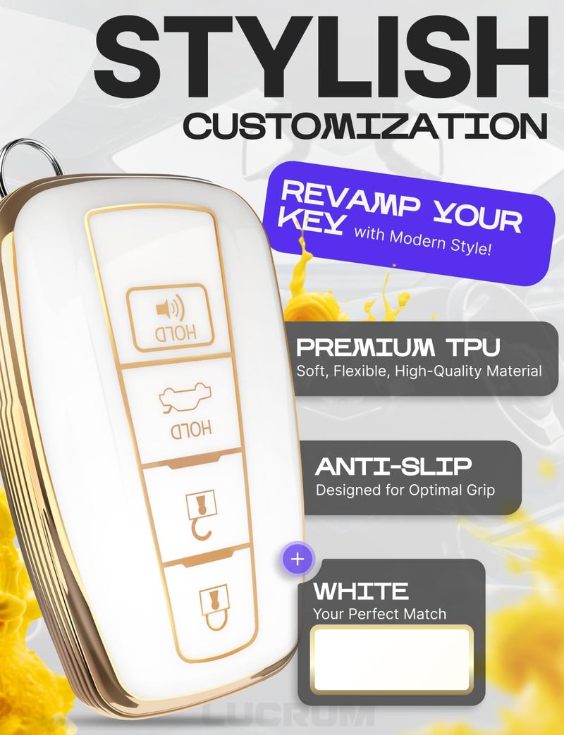 Lucrum Compatible with Toyota Key Fob Cover & Leather Keychain, Keyfob Case for Avalon Camry Corolla Prius RAV4 Highlander C-HR, For 4 Button Remote (2019-2024) - White and Gold - Image 3
