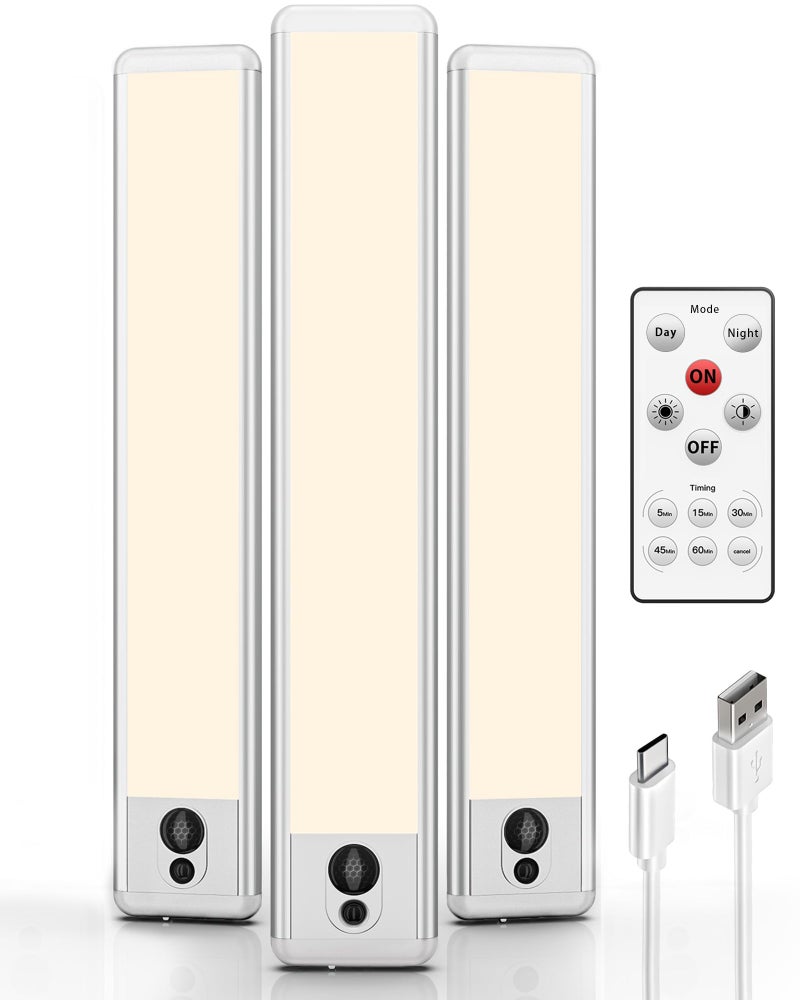 EZVALO Under Cabinet Lights, LED Closet Lights Wireless USB Charging, Motion Sensor Lighting Indoor 3500K Dimmable with Remote Control (Warm) 3 Pack - Image 1