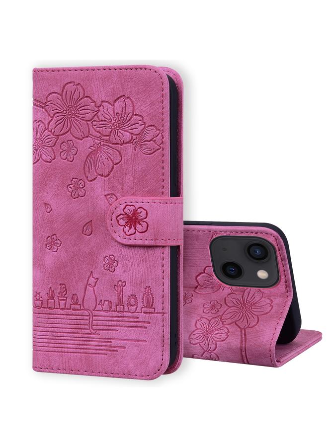 Zaboon Case For iPhone 13 mini Cartoon Sakura Cat Embossed Leather Case - Image 1