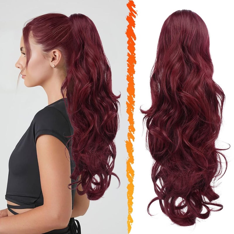 BARSDAR Red Ponytail Extension  20 Inch Wavy Drawstring Ponytail Hair Extensions for Women  Curly Wavy Synthetic Clip in Fake Pony Tails Hairpieces Daily Party  Burgundy