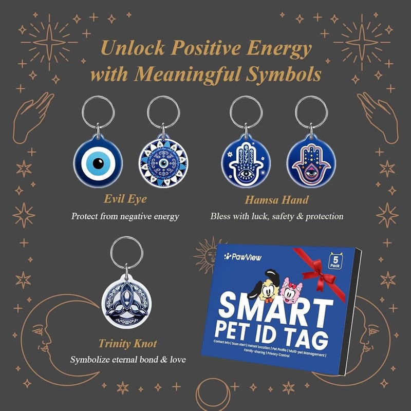 PawView QR Code Pet ID Tags for Dogs & Cats – Guardian Spirit Series 5Pcs, Dog Tags Personalized with Evil Eye, Hamsa Hand & Celtic Knot Symbols, Waterproof, Editable Profile, Instant Location Alert - Image 2