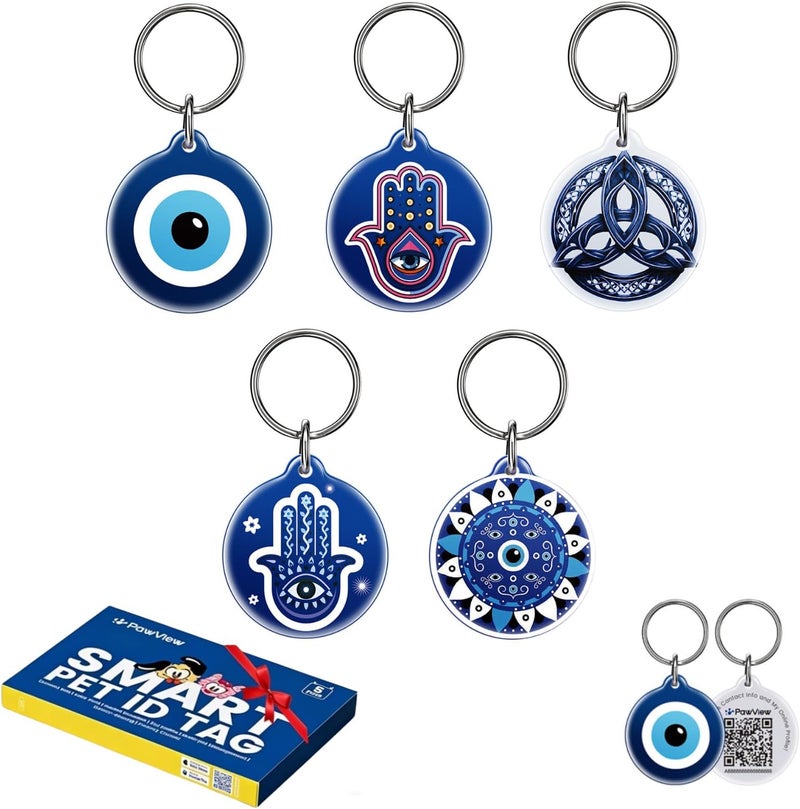 PawView QR Code Pet ID Tags for Dogs & Cats – Guardian Spirit Series 5Pcs, Dog Tags Personalized with Evil Eye, Hamsa Hand & Celtic Knot Symbols, Waterproof, Editable Profile, Instant Location Alert - Image 1