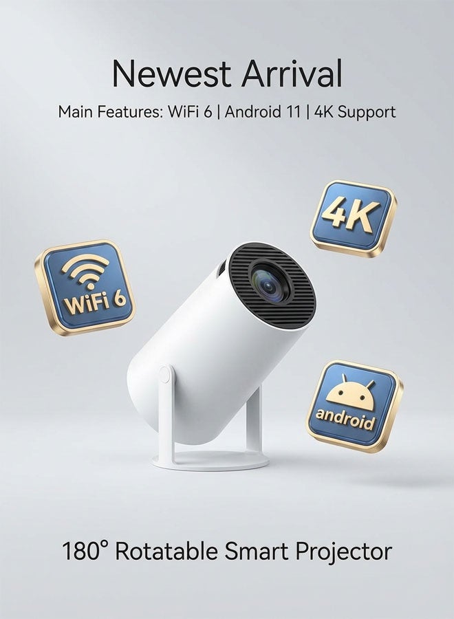 Smart Portable Projector with WiFi 6 & Android 11.0, 180° Rotatable Stand, Supports 4K Decoding, Native 720P, 130" Mini Home Cinema Projector for Phone/Movies/Gaming - White - Image 1