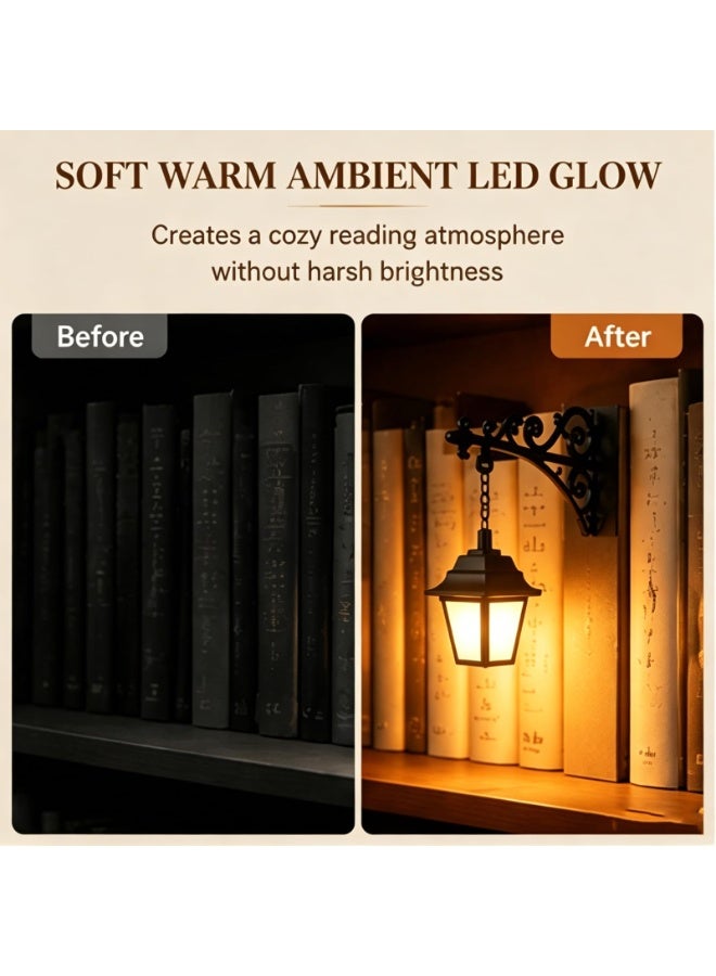 1 قطعة مصباح رف كتب صغير بتصميم فانوس مكتبة مضيء بتقنية LED عتيق، إضاءة دافئة لديكور غرفة القراءة - Image 4